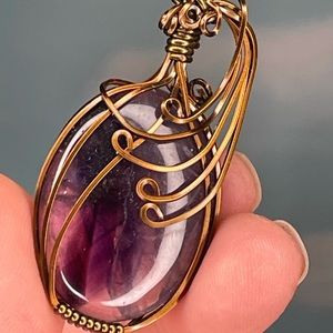 Amethyst crystal gemstone pendant necklace with bronze wire wrap. Boho hippie